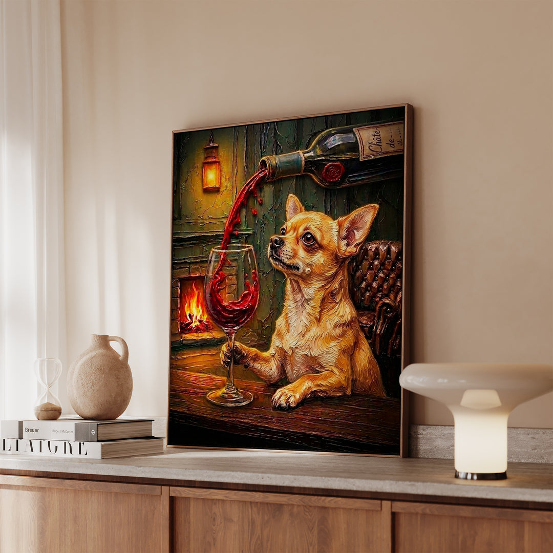Chihuahua Wine & Woof Framed Canvas