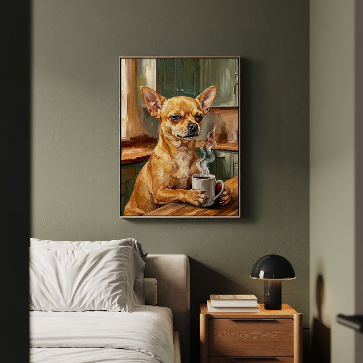 "Before Coffee" - Chihuahua Vertical Framed Canvas - Dog Lover Wall Art