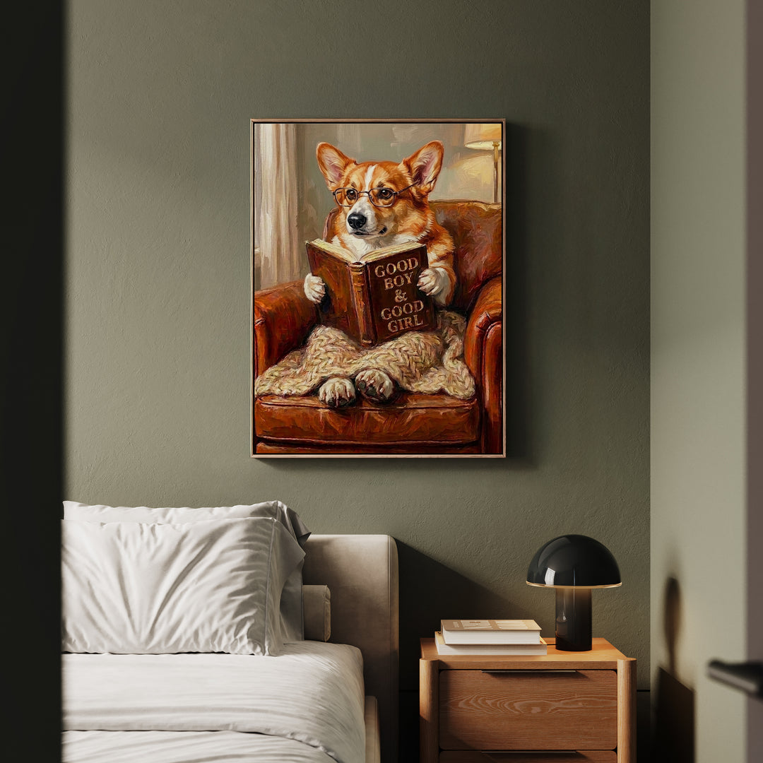 "Evening Read" - Corgi Vertical Framed Canvas - Dog Lover Wall Art