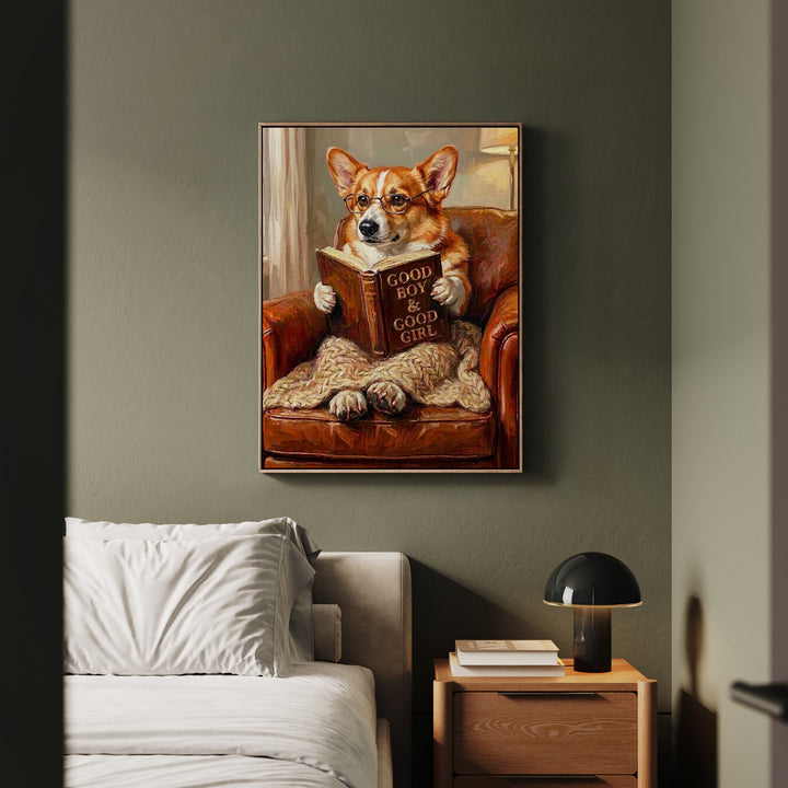 "Evening Read" - Corgi Vertical Framed Canvas - Dog Lover Wall Art