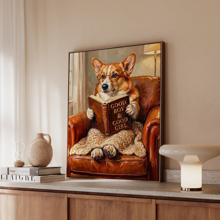 Corgi Evening Read Framed Canvas