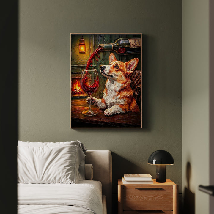 "Wine & Woof" - Corgi Vertical Framed Canvas - Dog Lover Wall Art