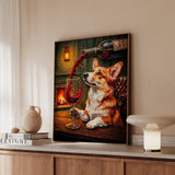 "Wine & Woof" - Corgi Vertical Framed Canvas - Dog Lover Wall Art