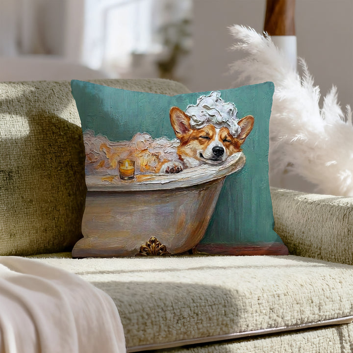 "Spa Day" - Corgi Throw Pillow - Dog Lover Wall Art Home Decor