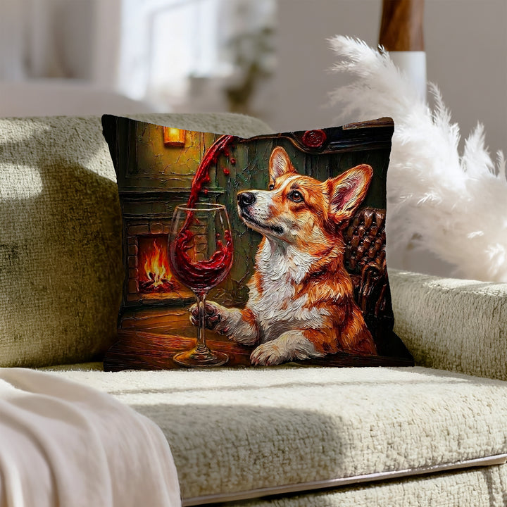 "Wine & Woof" - Corgi Pillow Cover - Dog Lover Home Decor