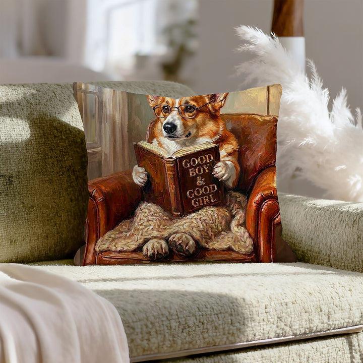 "Evening Read" - Corgi Throw Pillow - Dog Lover Home Decor