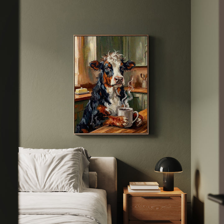 "Coffee & Silence" - Cow Vertical Framed Canvas - Spirit Animal Wall Art