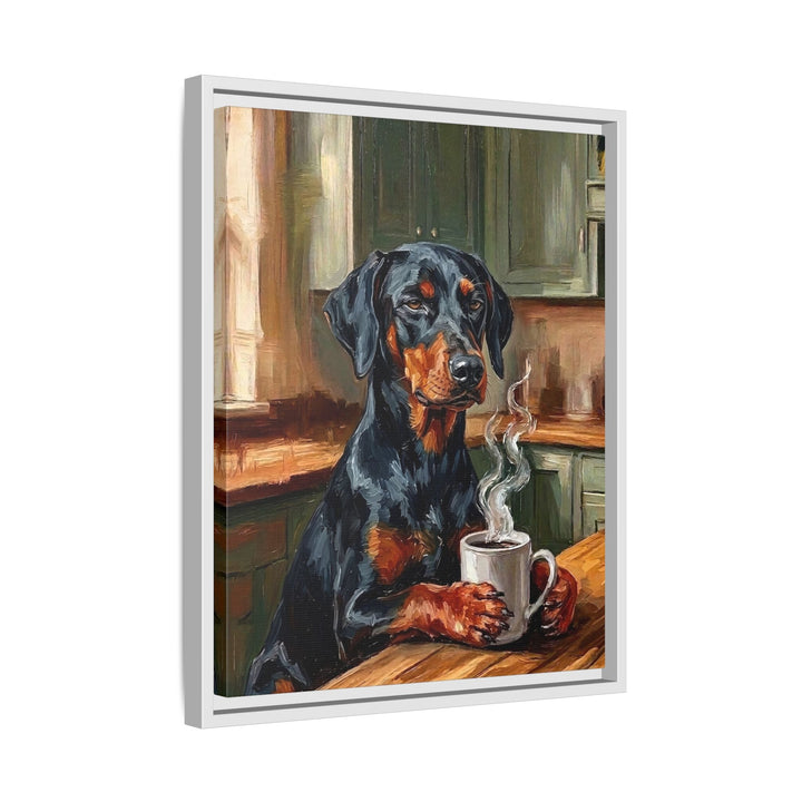 "Before Coffee" - Doberman Vertical Framed Canvas - Dog Lover Wall Art