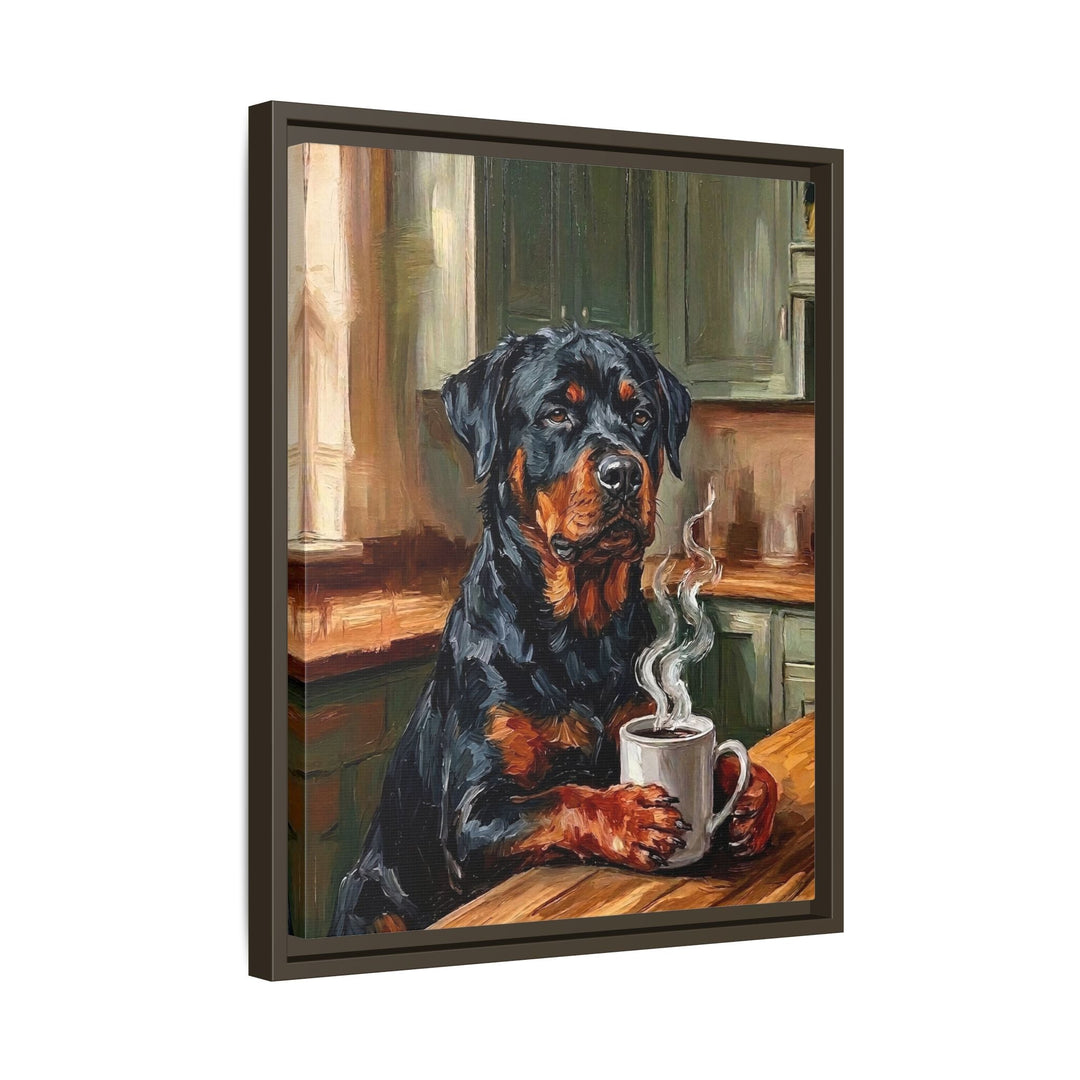 "Before Coffee" - Rottweiler Vertical Framed Canvas - Dog Lover Wall Art
