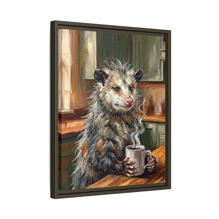 "Coffee & Silence" - Opossum Vertical Framed Canvas - Spirit Animal Wall Art