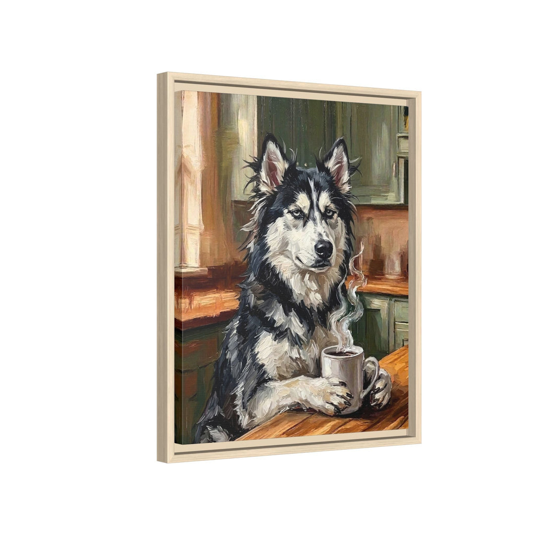 "Before Coffee" - Husky Vertical Framed Canvas - Dog Lover Wall Art