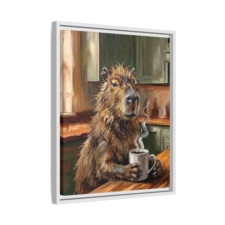 "Coffee & Silence" - Capybara Vertical Framed Canvas - Spirit Animal Wall Art