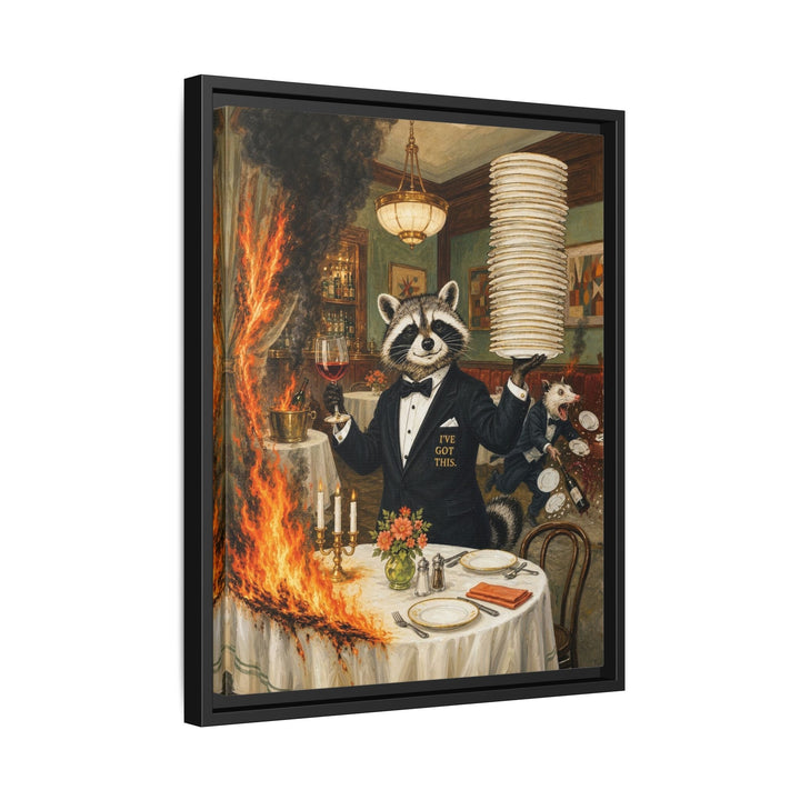 "I've Got This" - Raccoon Vertical Framed Canvas - Dark Burnout Humor Wall Art