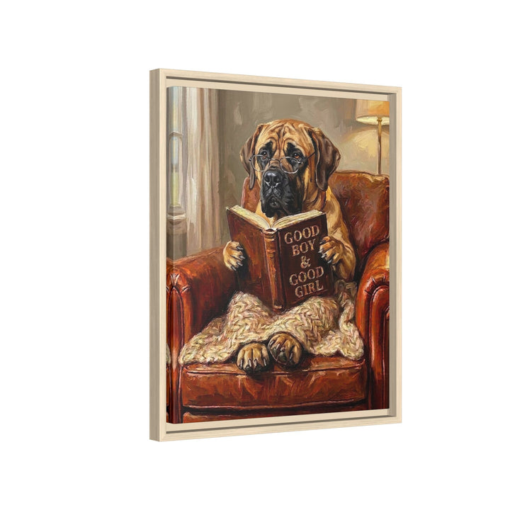 "Evening Read" - Mastiff Vertical Framed Canvas - Dog Lover Wall Art