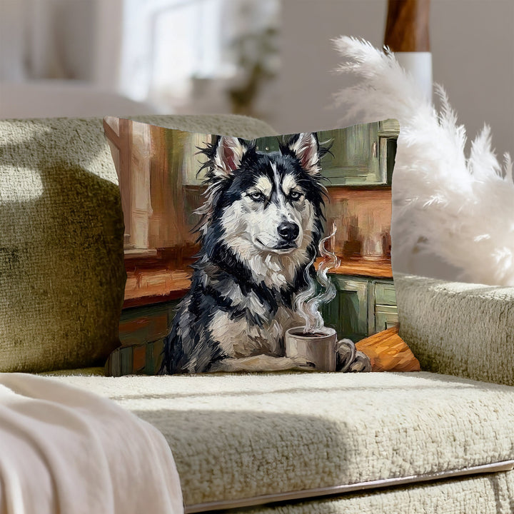 "Before Coffee" - Husky Throw Pillow - Dog Lover Home Decor