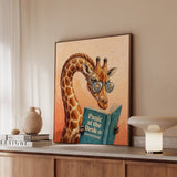 "Panic at the Desk O" - Giraffe Vertical Framed Canvas - Animal Book Humor Wall Art