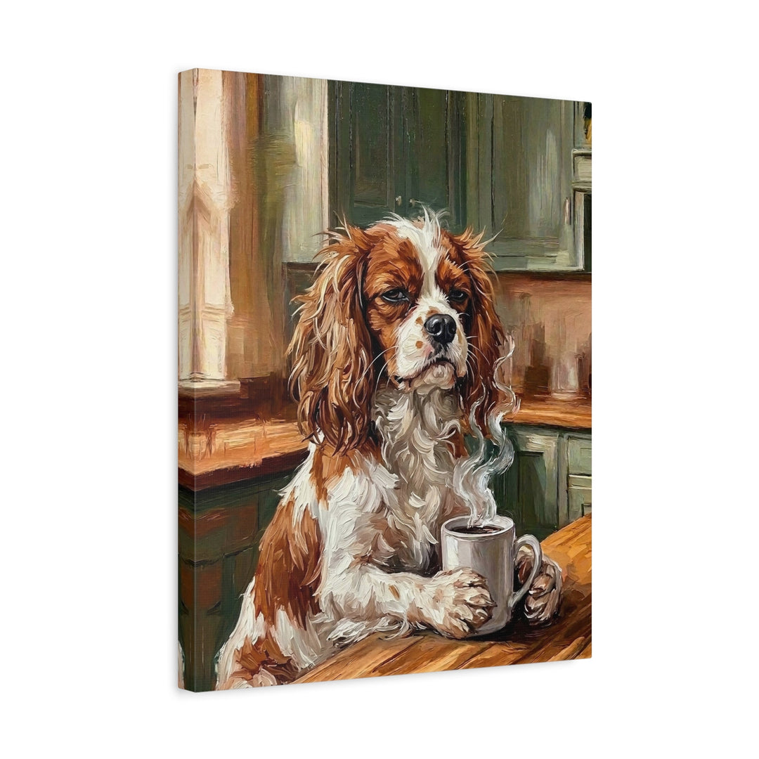 "Before Coffee" - Cavalier King Charles Vertical Canvas - Dog Lover Wall Art