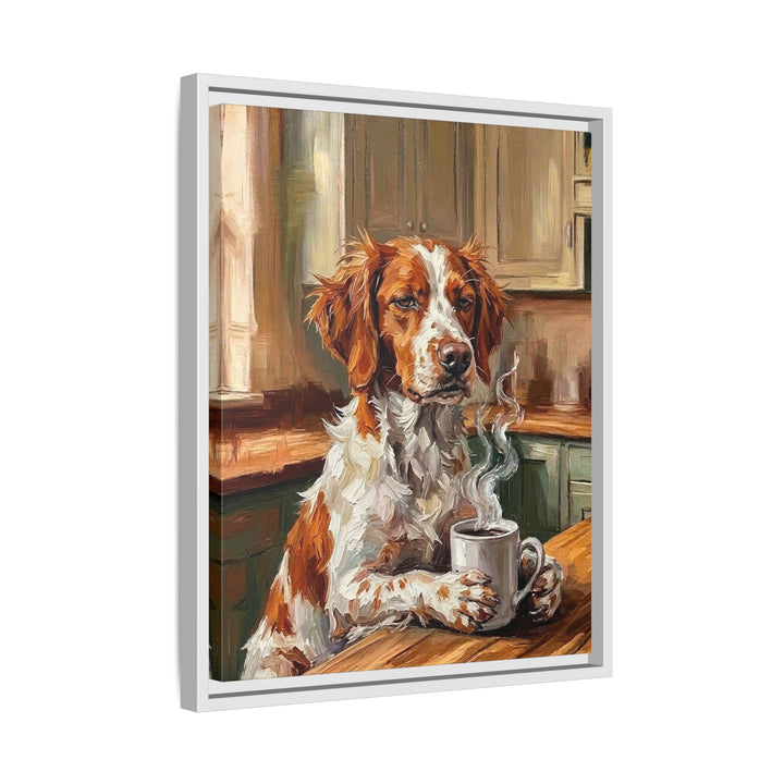 "Before Coffee" - Brittany Spaniel Vertical Framed Canvas - Dog Lover Wall Art