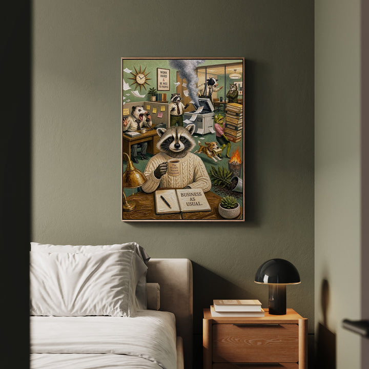 "Business As Usual" - Raccoon Vertical Framed Canvas - Dark Burnout Humor Wall Art
