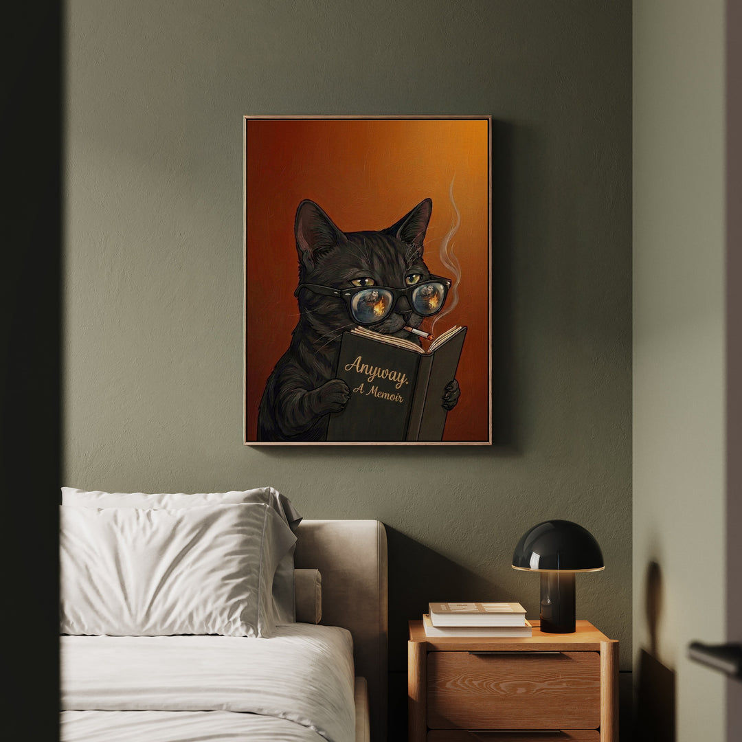 "Anyway" - Cat Vertical Framed Canvas - Animal Book Humor Wall Art