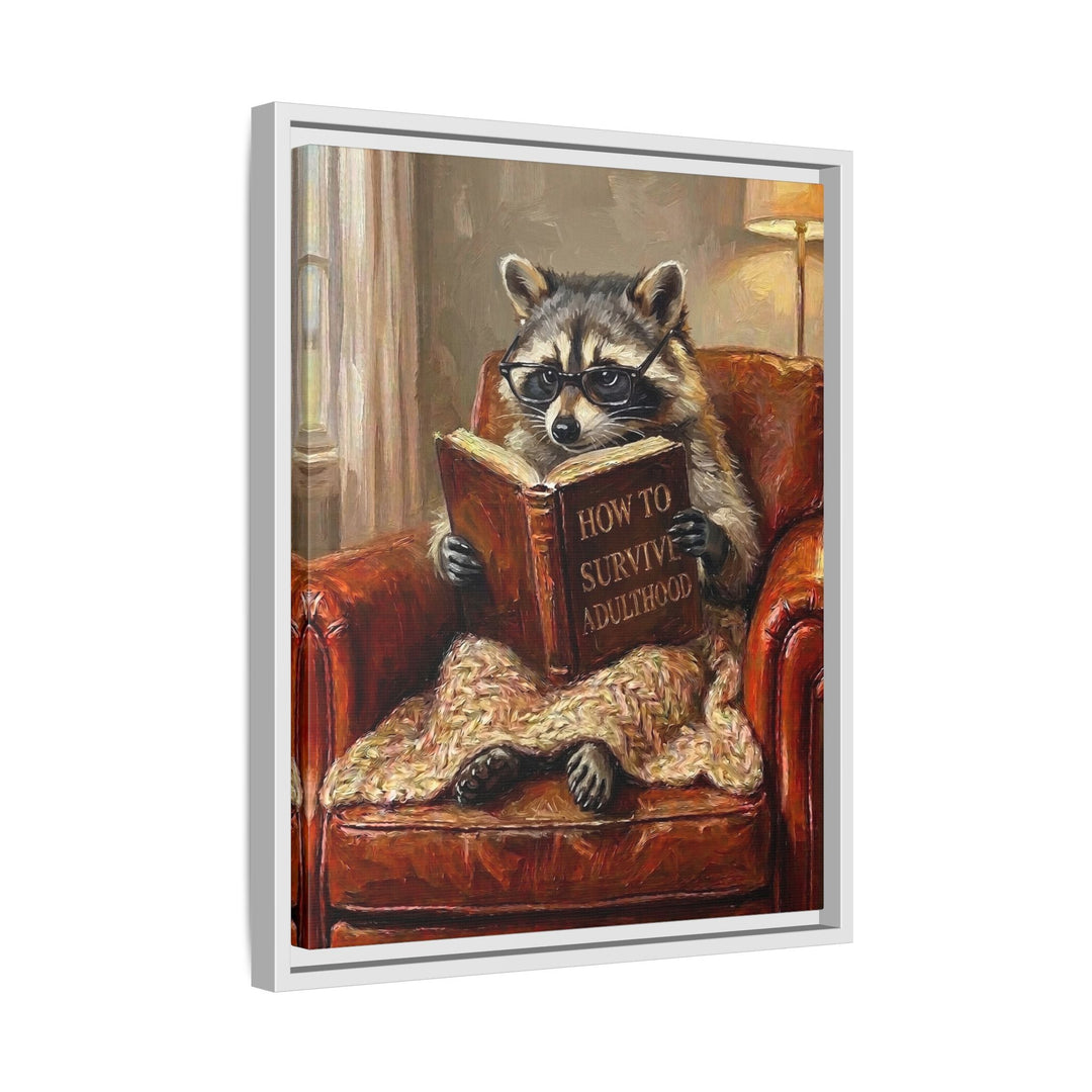 "Survive Adulthood" - Raccoon Vertical Framed Canvas - Spirit Animal Wall Art