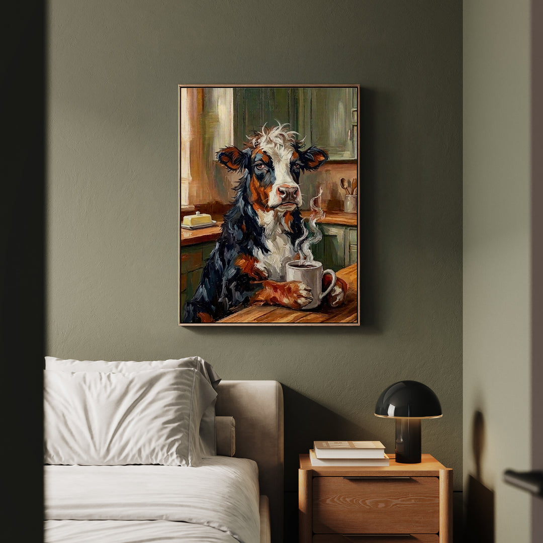 "Coffee & Silence" - Cow Vertical Framed Canvas - Spirit Animal Wall Art
