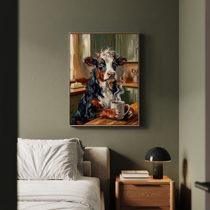 "Coffee & Silence" - Cow Vertical Framed Canvas - Spirit Animal Wall Art