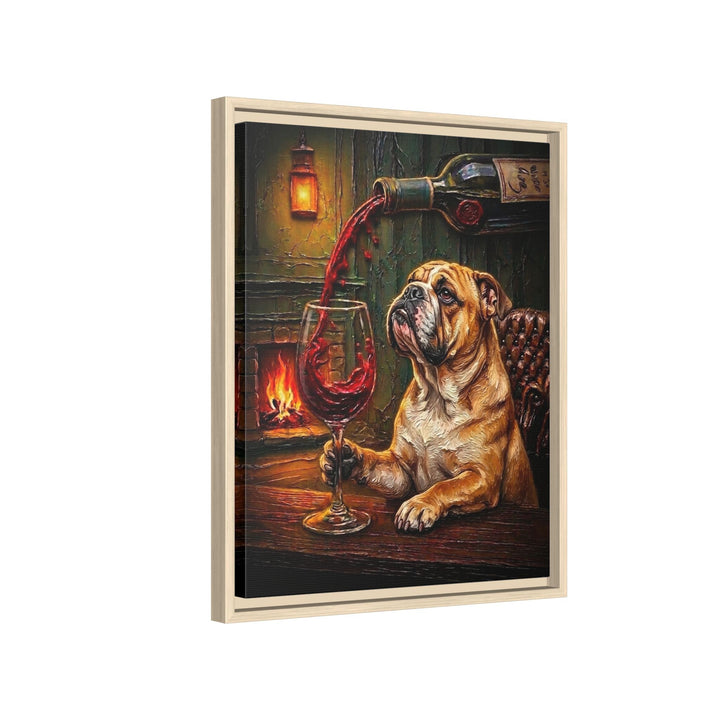 "Wine & Woof" - English Bulldog Vertical Framed Canvas - Dog Lover Wall Art