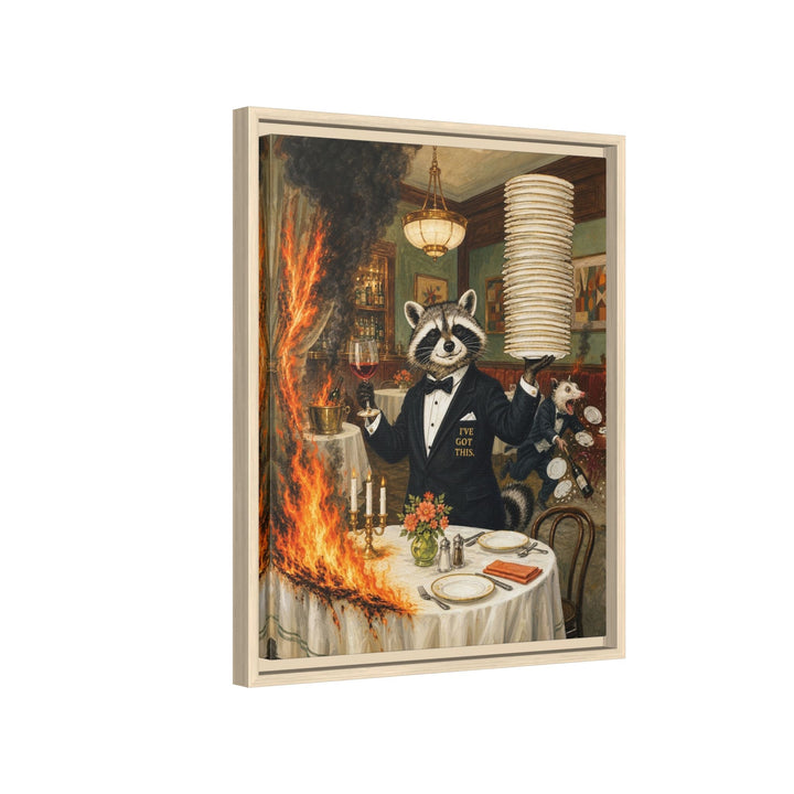 "I've Got This" - Raccoon Vertical Framed Canvas - Dark Burnout Humor Wall Art