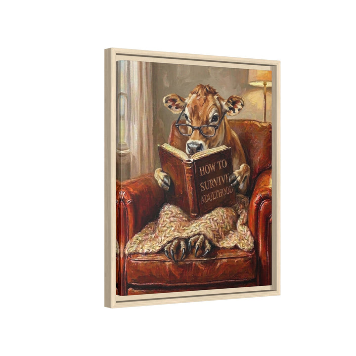 "Survive Adulthood" - Cow Vertical Framed Canvas - Spirit Animal Wall Art