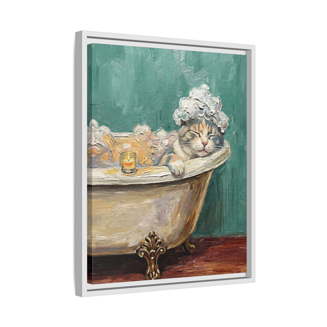 "Spa Day" - Dilute Calico Vertical Framed Canvas - Cat Lover Wall Art