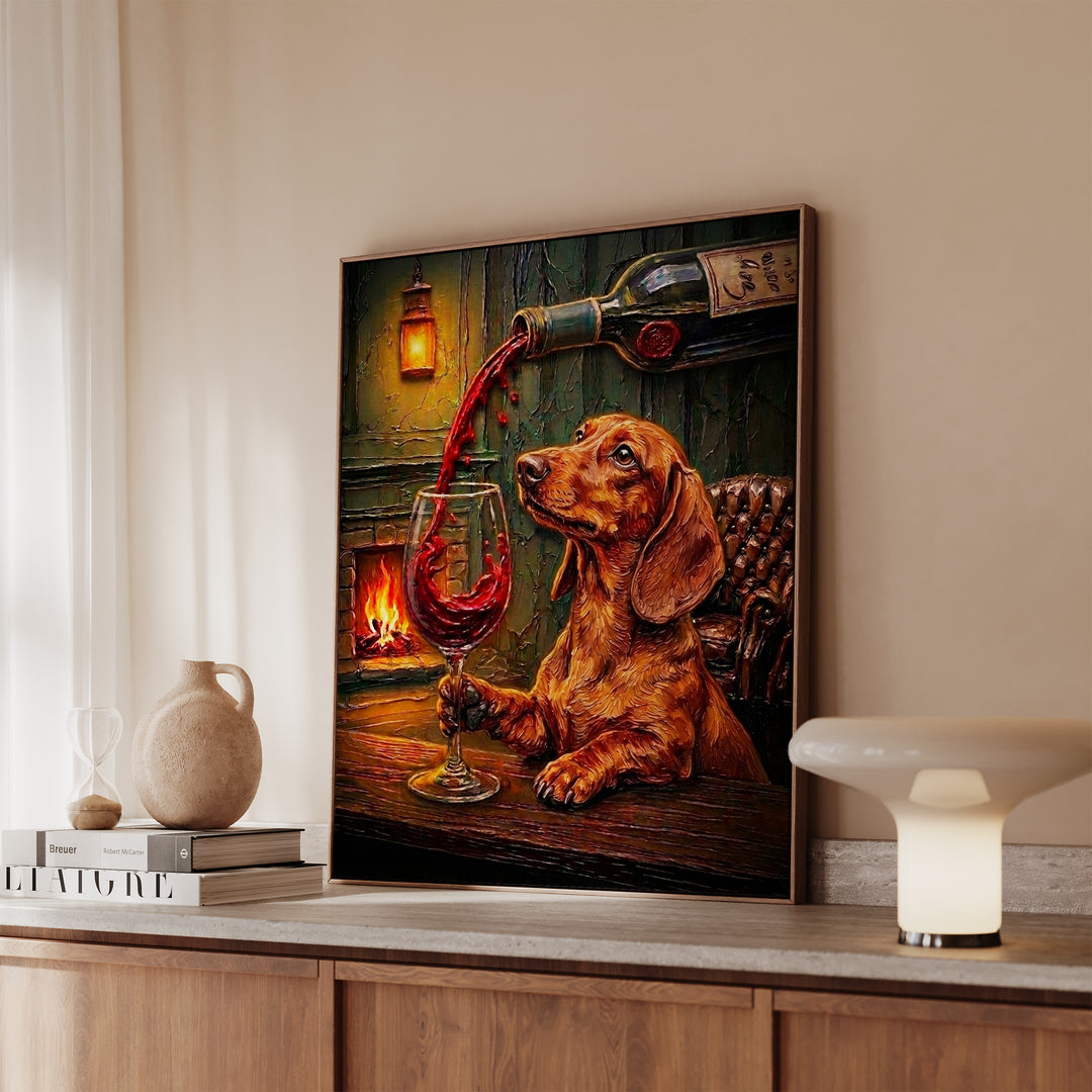 Dachshund Wine & Woof Framed Canvas