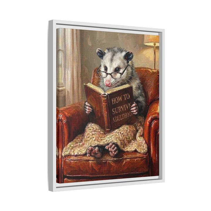 "Survive Adulthood" - Opossum Vertical Framed Canvas - Spirit Animal Wall Art