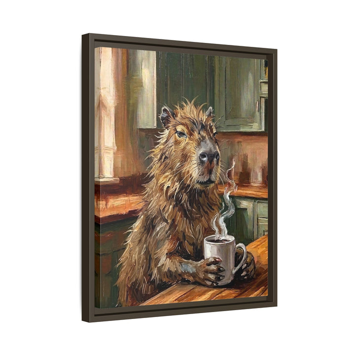 "Coffee & Silence" - Capybara Vertical Framed Canvas - Spirit Animal Wall Art