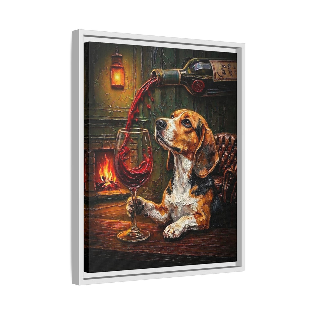 "Wine & Woof" - Beagle Vertical Framed Canvas - Dog Lover Wall Art