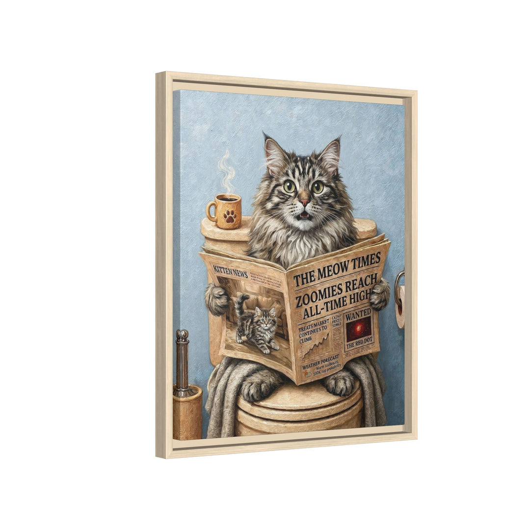 "Morning Business" - Fluffy Tabby Longhair Vertical Framed Canvas - Cat Lover Wall Art