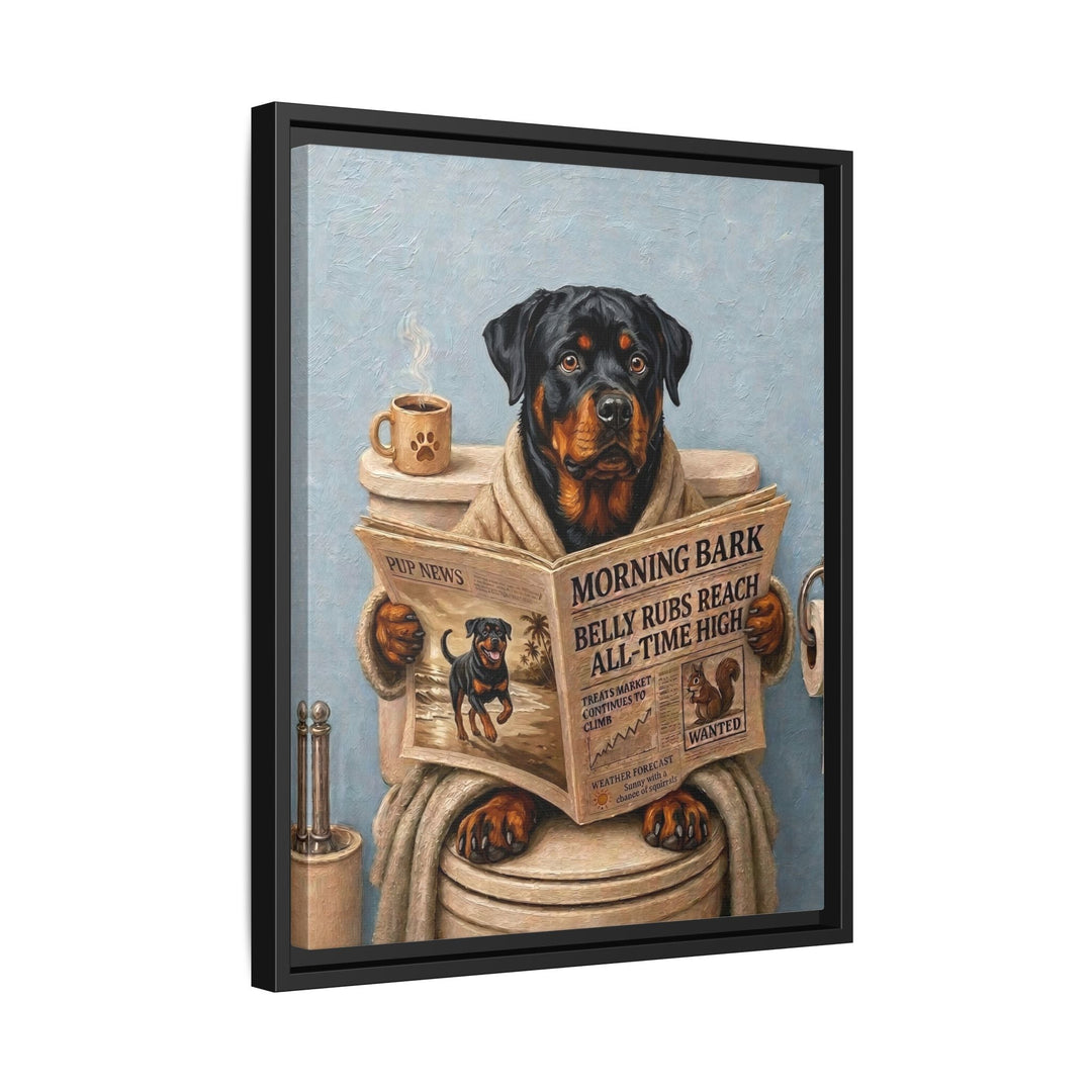 "Morning Business" - Rottweiler Vertical Framed Canvas - Dog Lover Wall Art