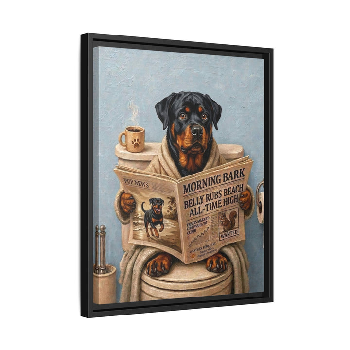 "Morning Business" - Rottweiler Vertical Framed Canvas - Dog Lover Wall Art