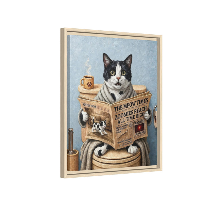 "Morning Business" - Black & White Bicolor Vertical Framed Canvas - Cat Lover Wall Art