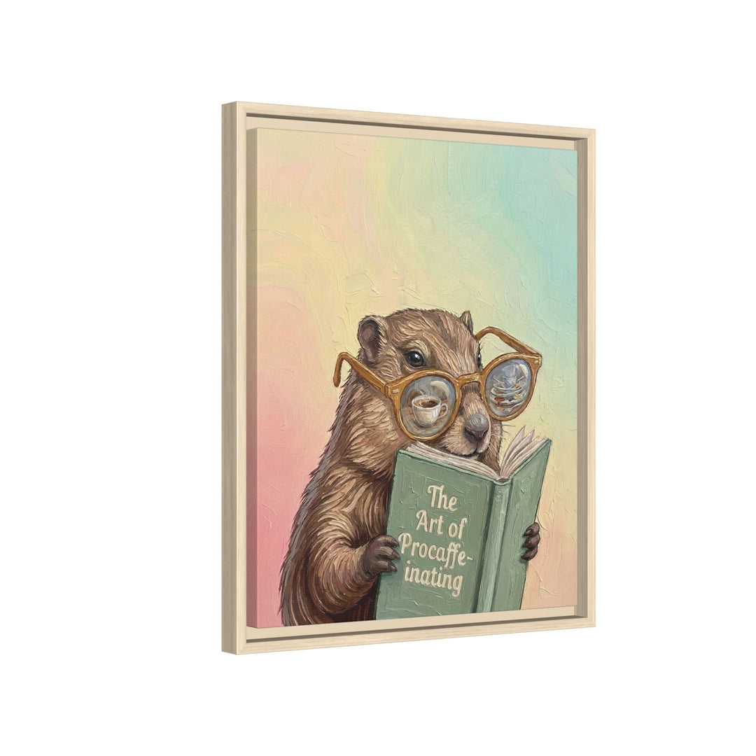 "The Art of Procaffeinating" - Marmot Vertical Framed Canvas - Animal Book Humor Wall Art