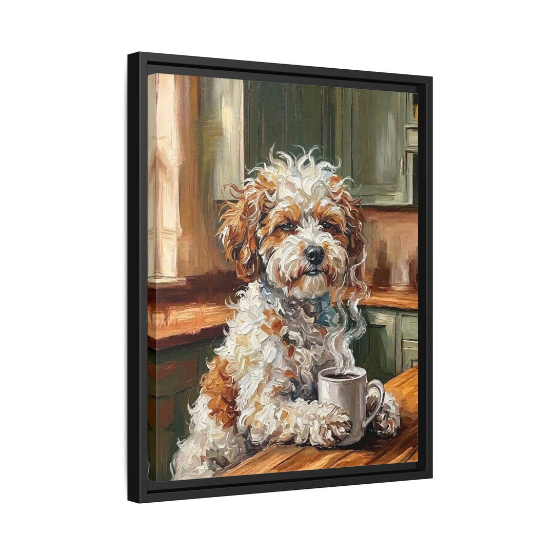 "Before Coffee" - Bichon Frise Vertical Framed Canvas - Dog Lover Wall Art