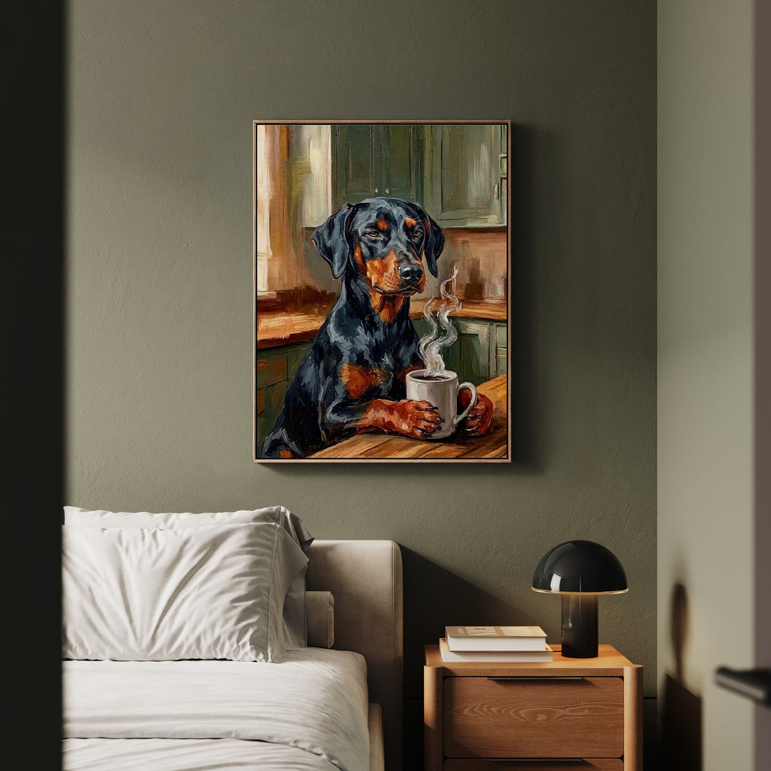 "Before Coffee" - Doberman Vertical Framed Canvas - Dog Lover Wall Art