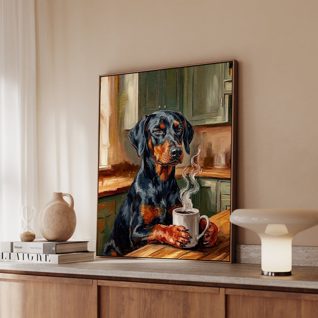 Doberman Before Coffee Framed Canvas