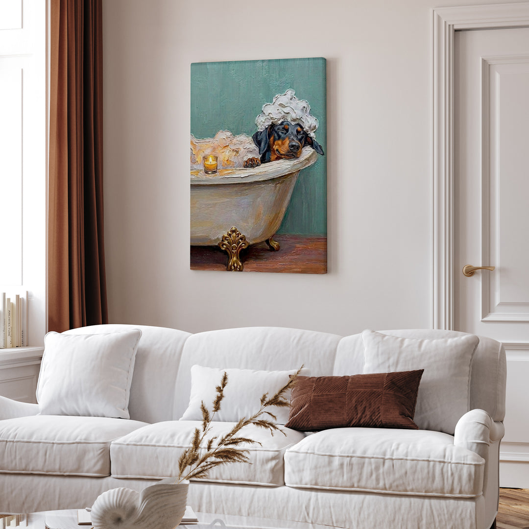 "Spa Day" - Doberman Vertical Canvas - Dog Lover Wall Art