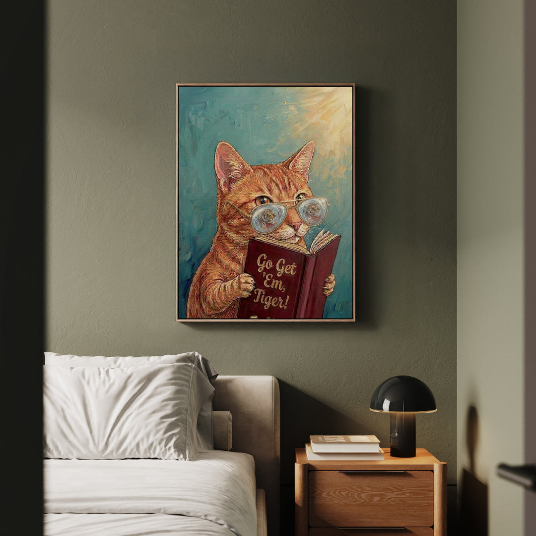 "Go Get em Tiger" - Cat Vertical Framed Canvas - Animal Book Humor Wall Art