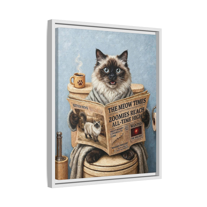 "Morning Business" - Fluffy Colorpoint Vertical Framed Canvas - Cat Lover Wall Art
