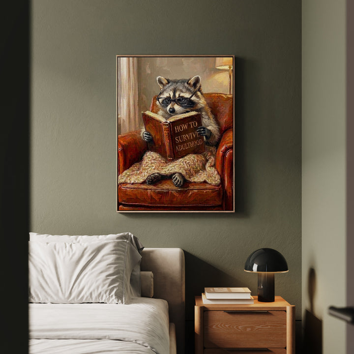 "Survive Adulthood" - Raccoon Vertical Framed Canvas - Spirit Animal Wall Art