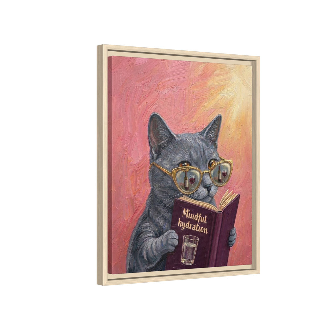 "Mindful Hydration" - Cat Vertical Framed Canvas - Animal Book Humor Wall Art