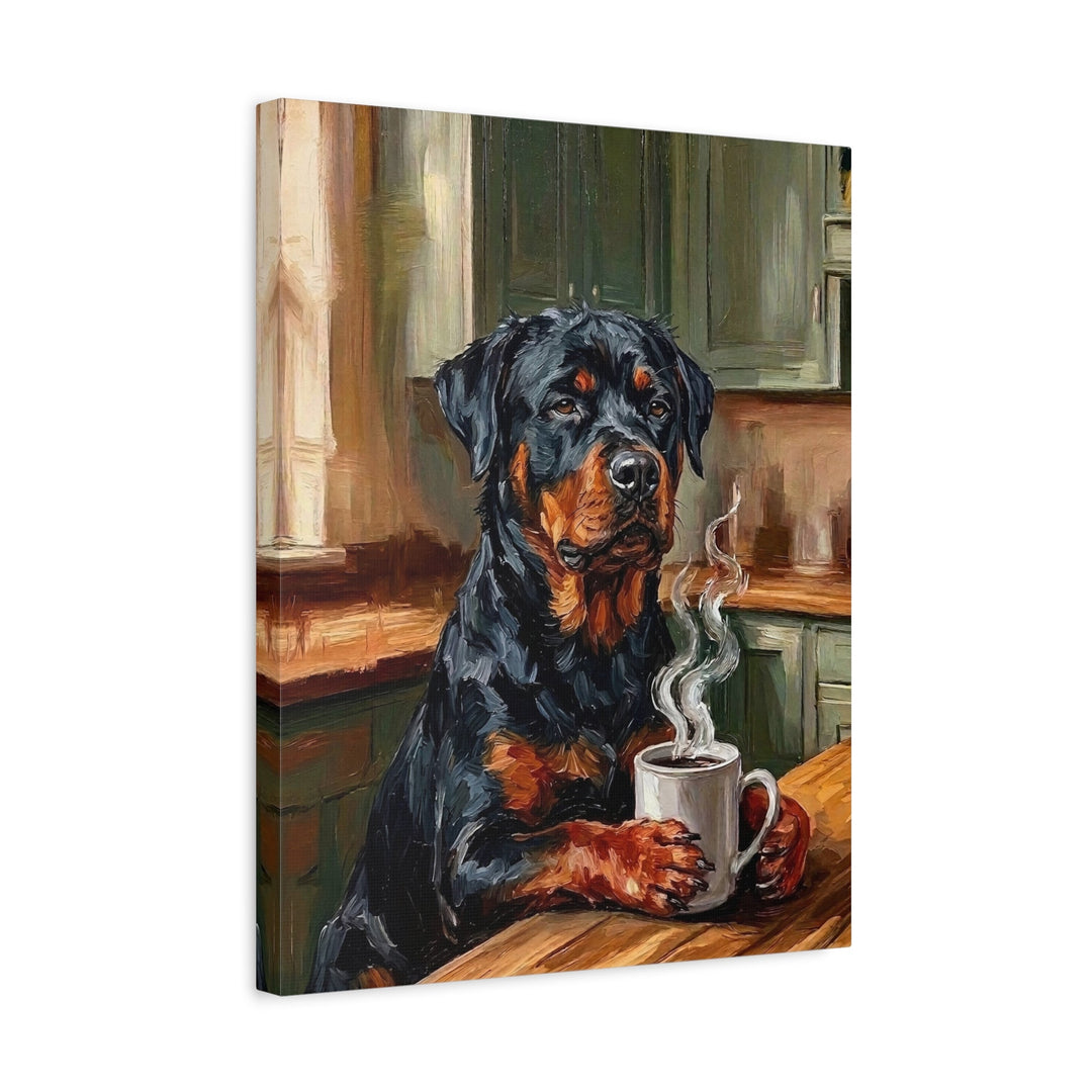 "Before Coffee" - Rottweiler Vertical Canvas - Dog Lover Wall Art