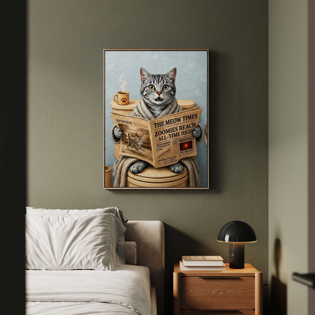 "Morning Business" - Grey Silver Tabby Vertical Framed Canvas - Cat Lover Wall Art